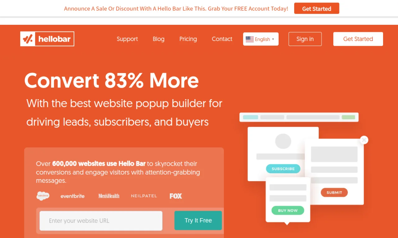 Screenshot of Hello Bar website