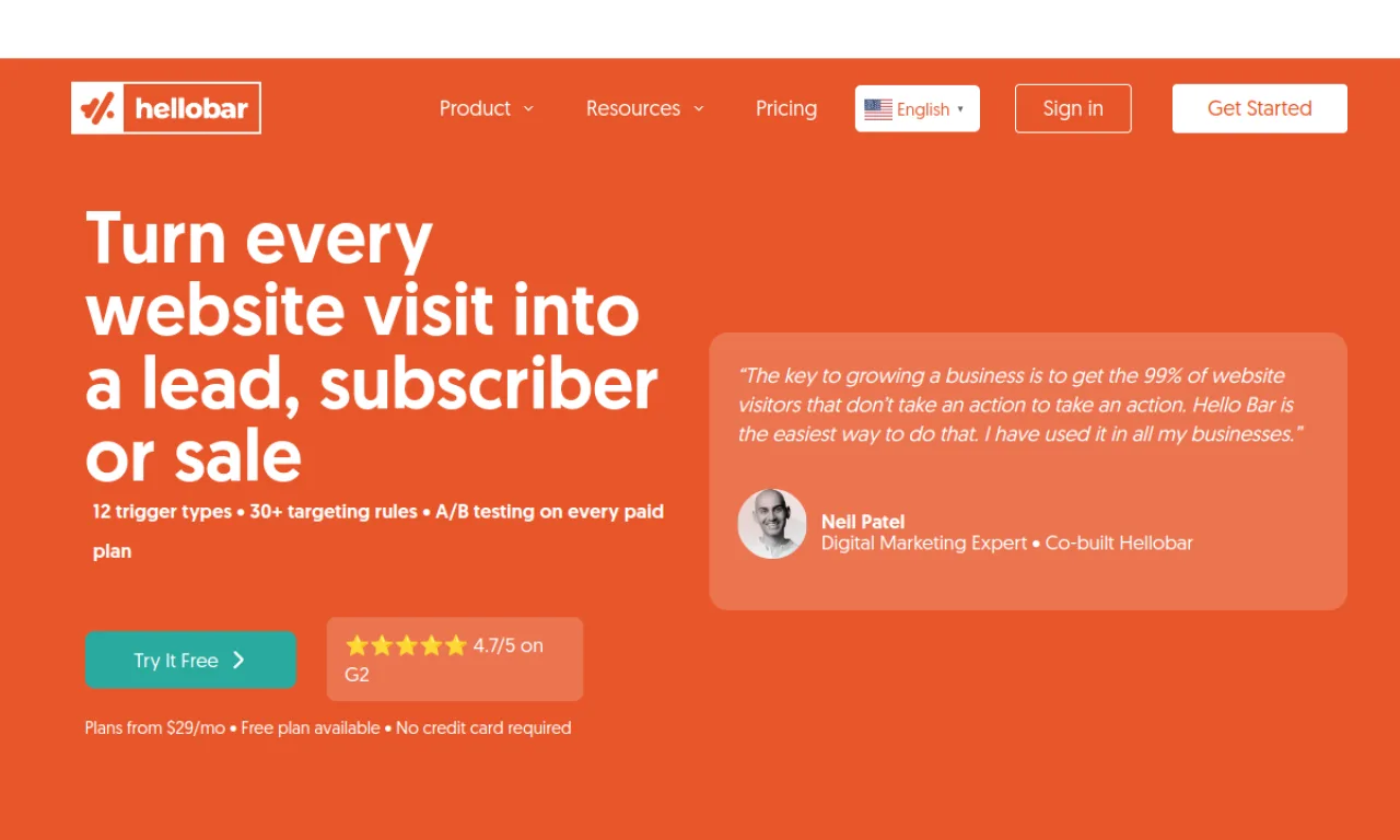 Screenshot of Hello Bar website