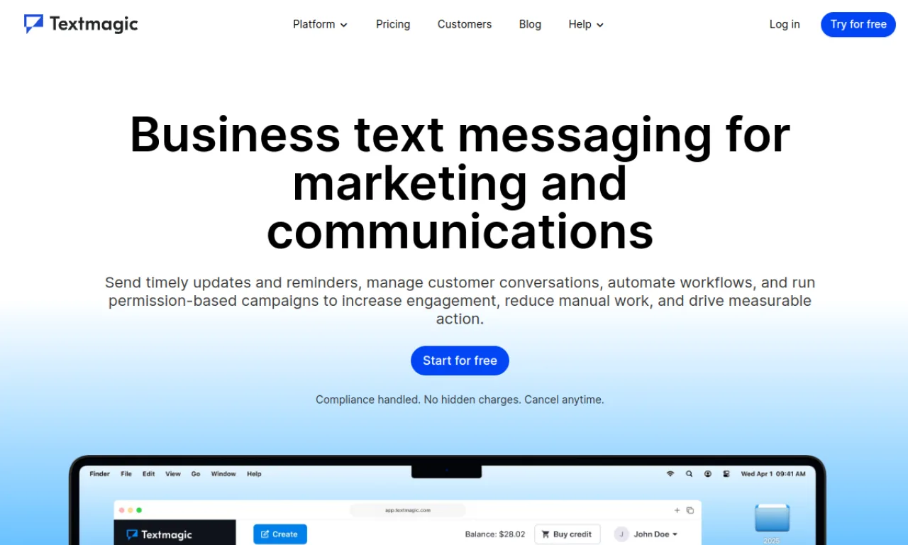 Screenshot of Textmagic website