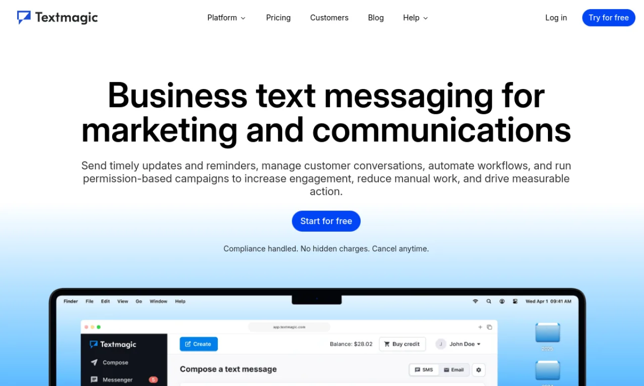Screenshot of Textmagic website