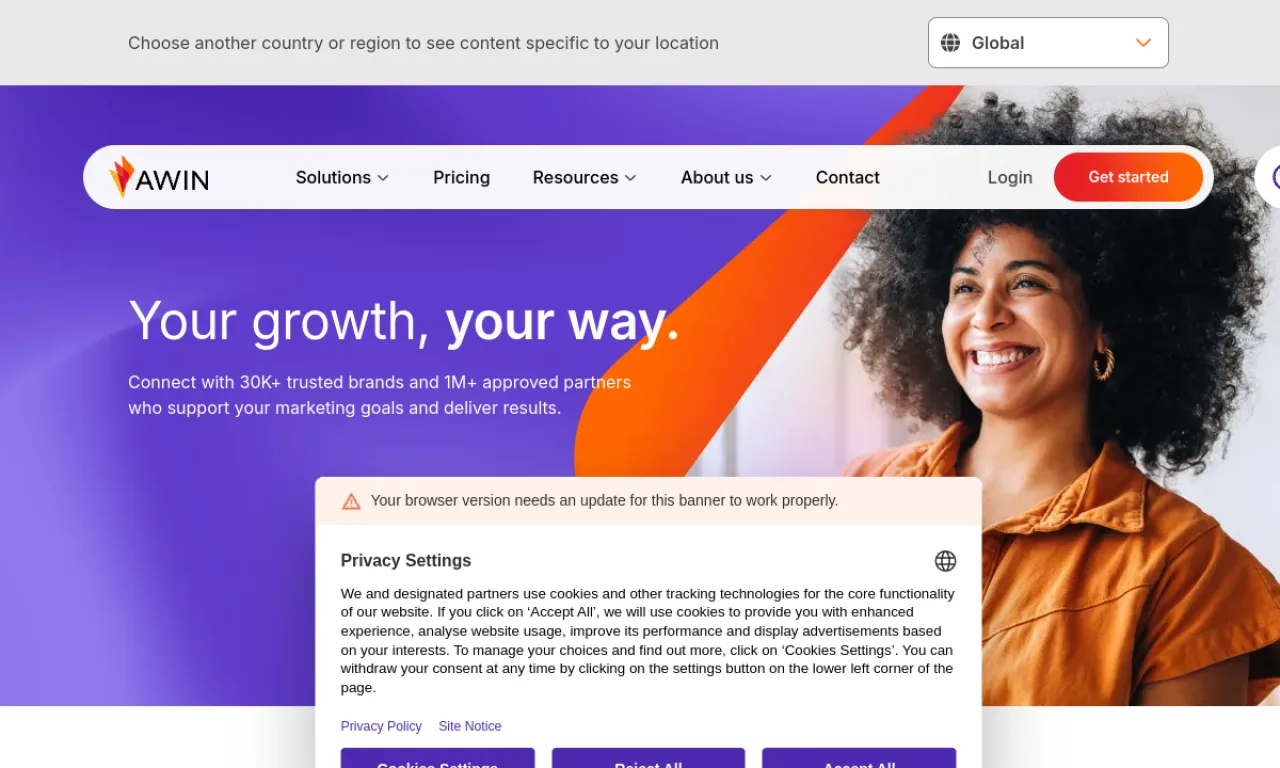 Screenshot of Awin website
