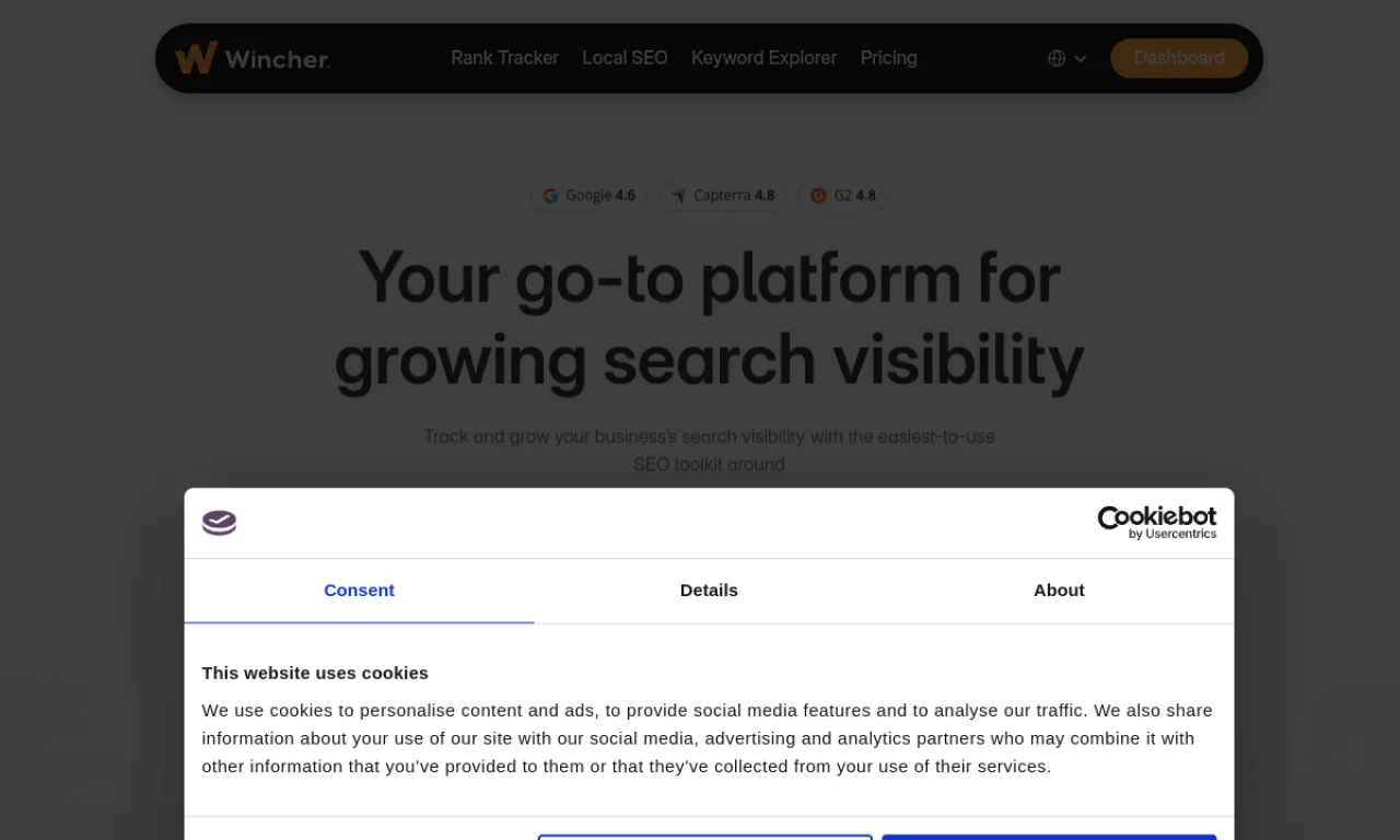 Screenshot of Wincher website