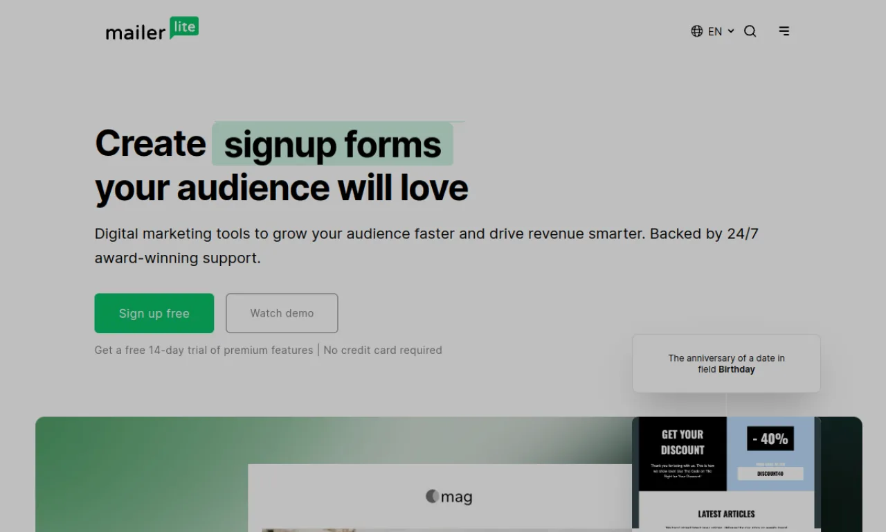 Screenshot of MailerLite website