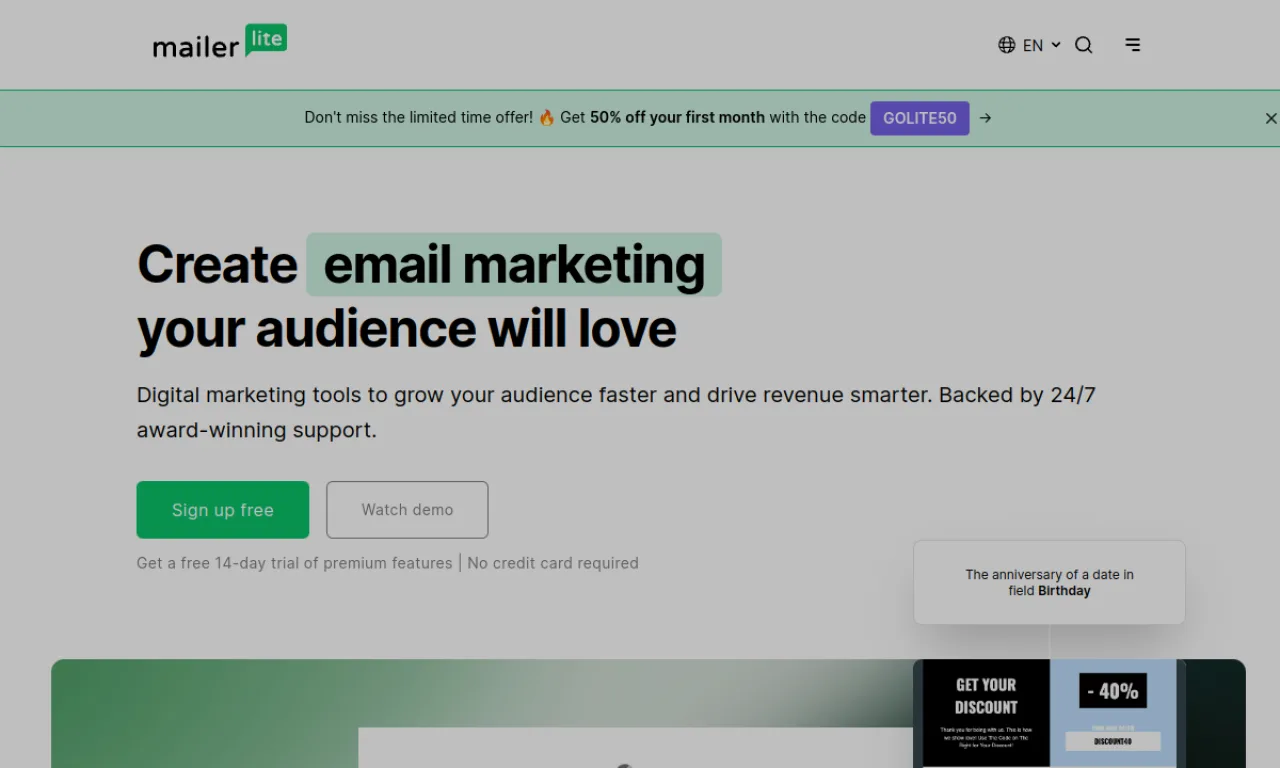 Screenshot of MailerLite website