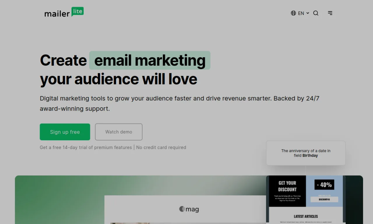 Screenshot of MailerLite website