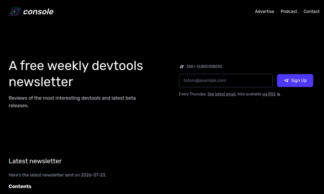 Screenshot of Console / DevHunt website