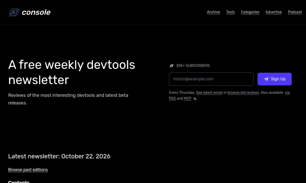 Screenshot of Console / DevHunt website