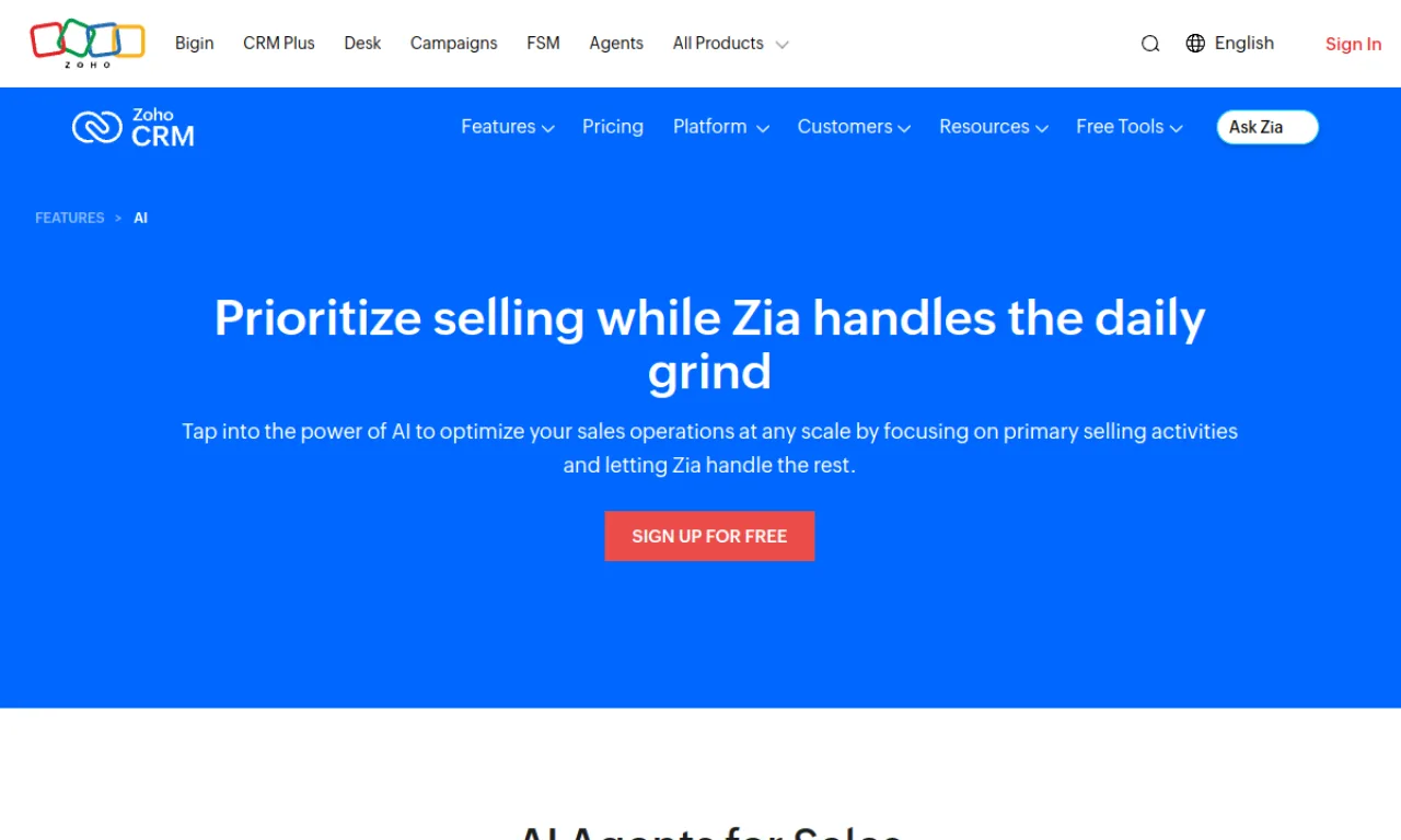 Screenshot of Zoho Zia website