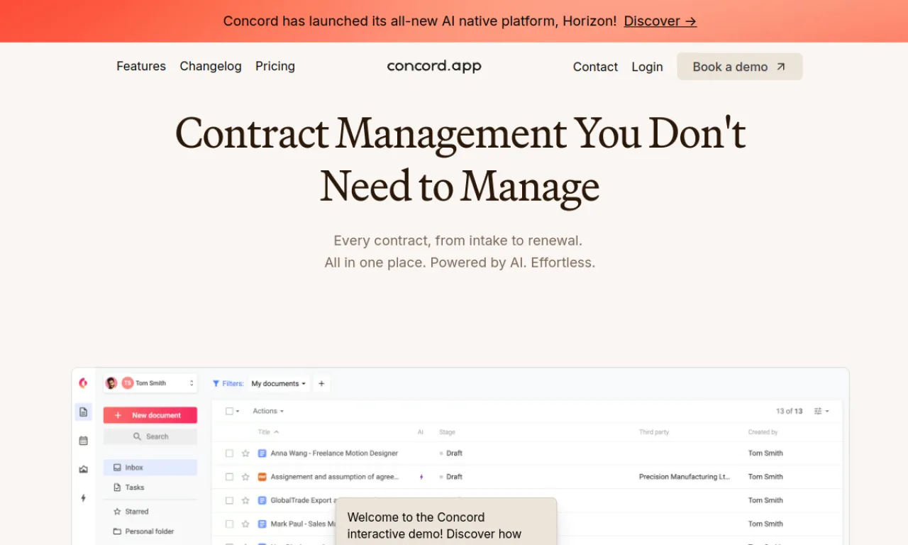 Screenshot of Concord website