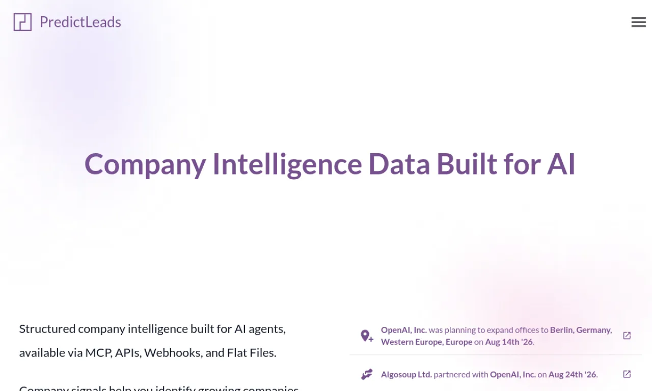 Screenshot of PredictLeads website
