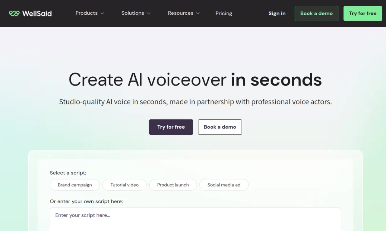 Screenshot of Wellsaid Labs website