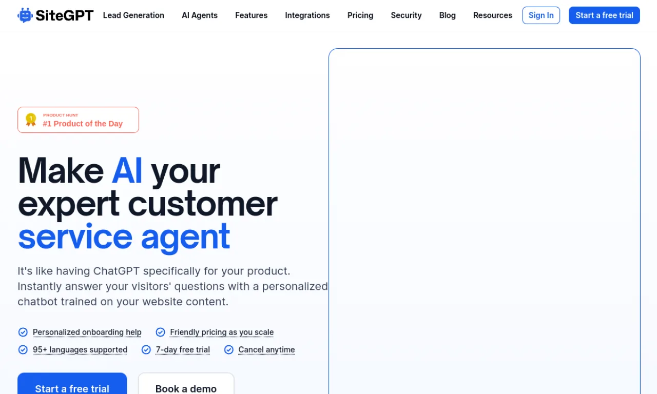 Screenshot of SiteGPT website