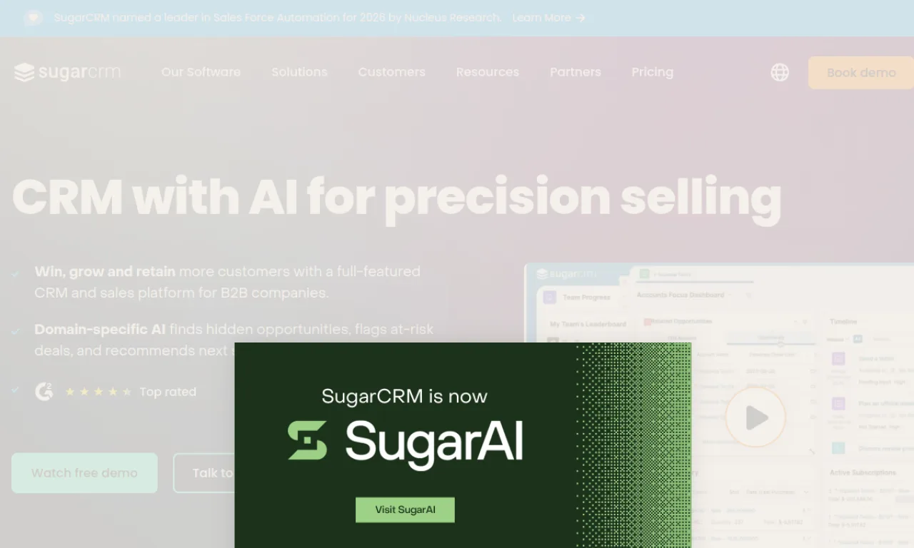 Screenshot of SugarCRM website
