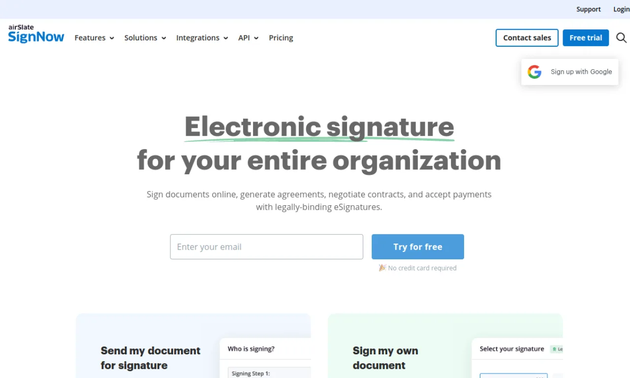 Screenshot of SignNow website