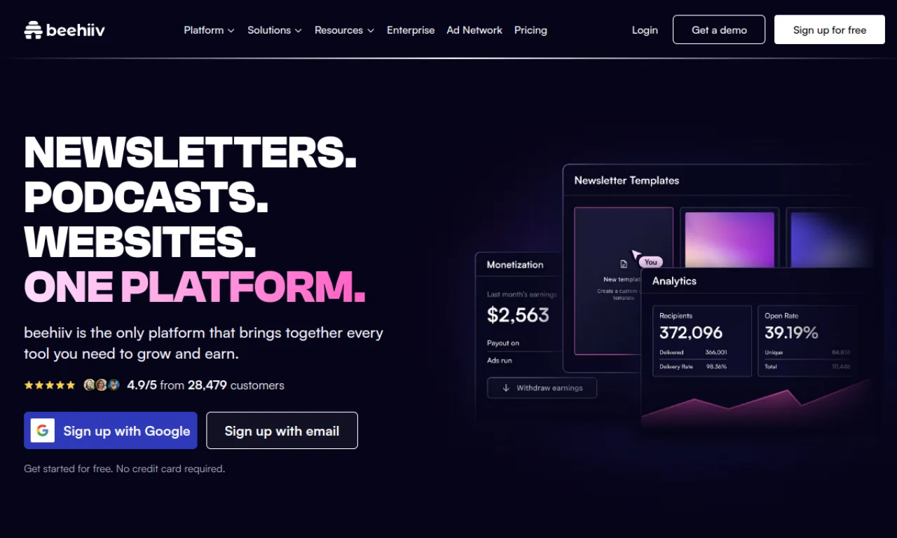 Screenshot of Beehiiv website