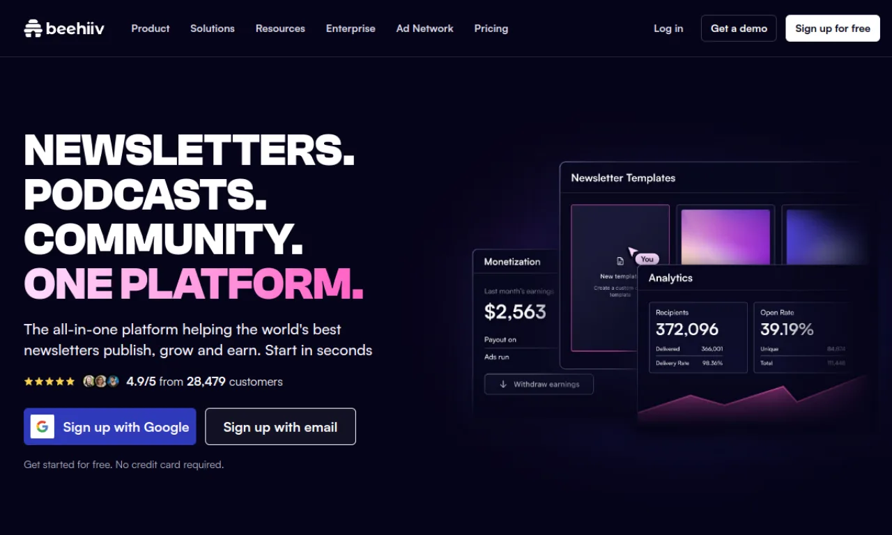 Screenshot of Beehiiv website