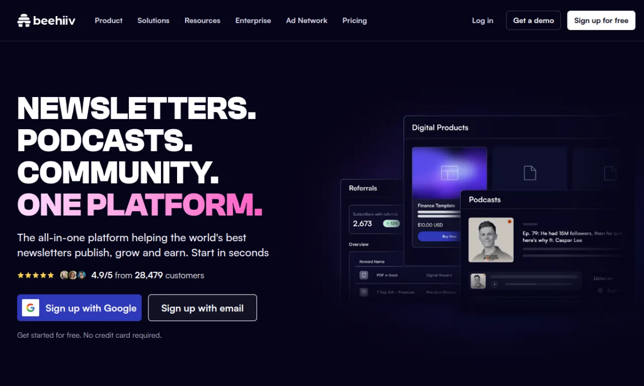 Screenshot of Beehiiv website