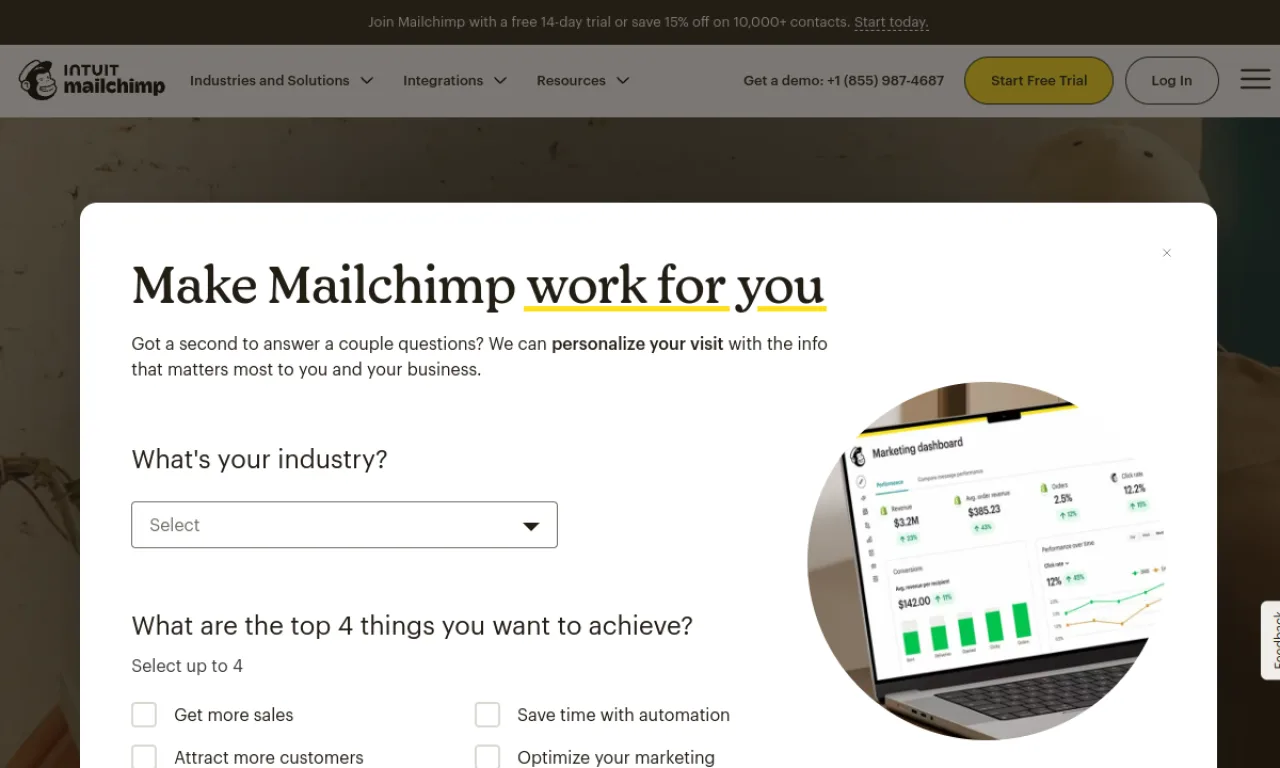 Screenshot of Mailchimp website