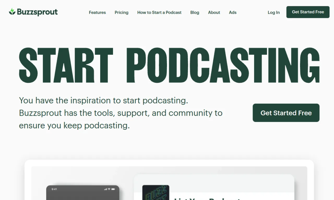 Screenshot of Buzzsprout website