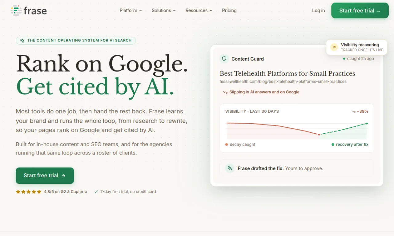Screenshot of Frase IO website