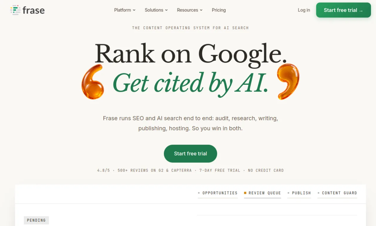 Screenshot of Frase IO website