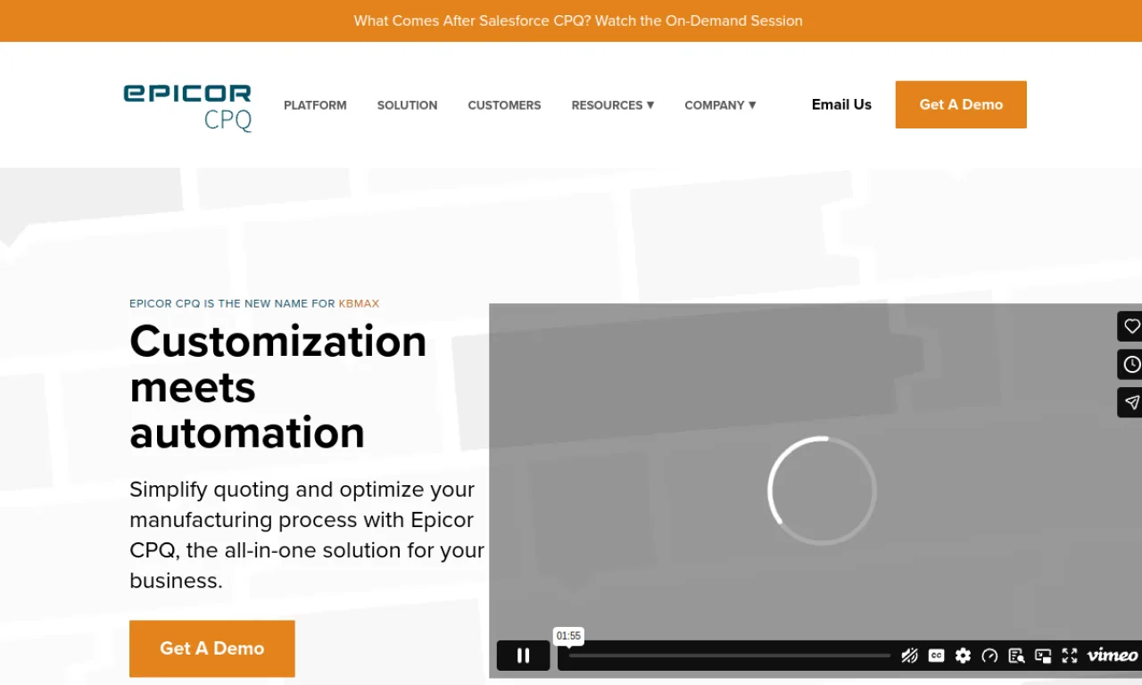Screenshot of Epicor CPQ (KBMax) website
