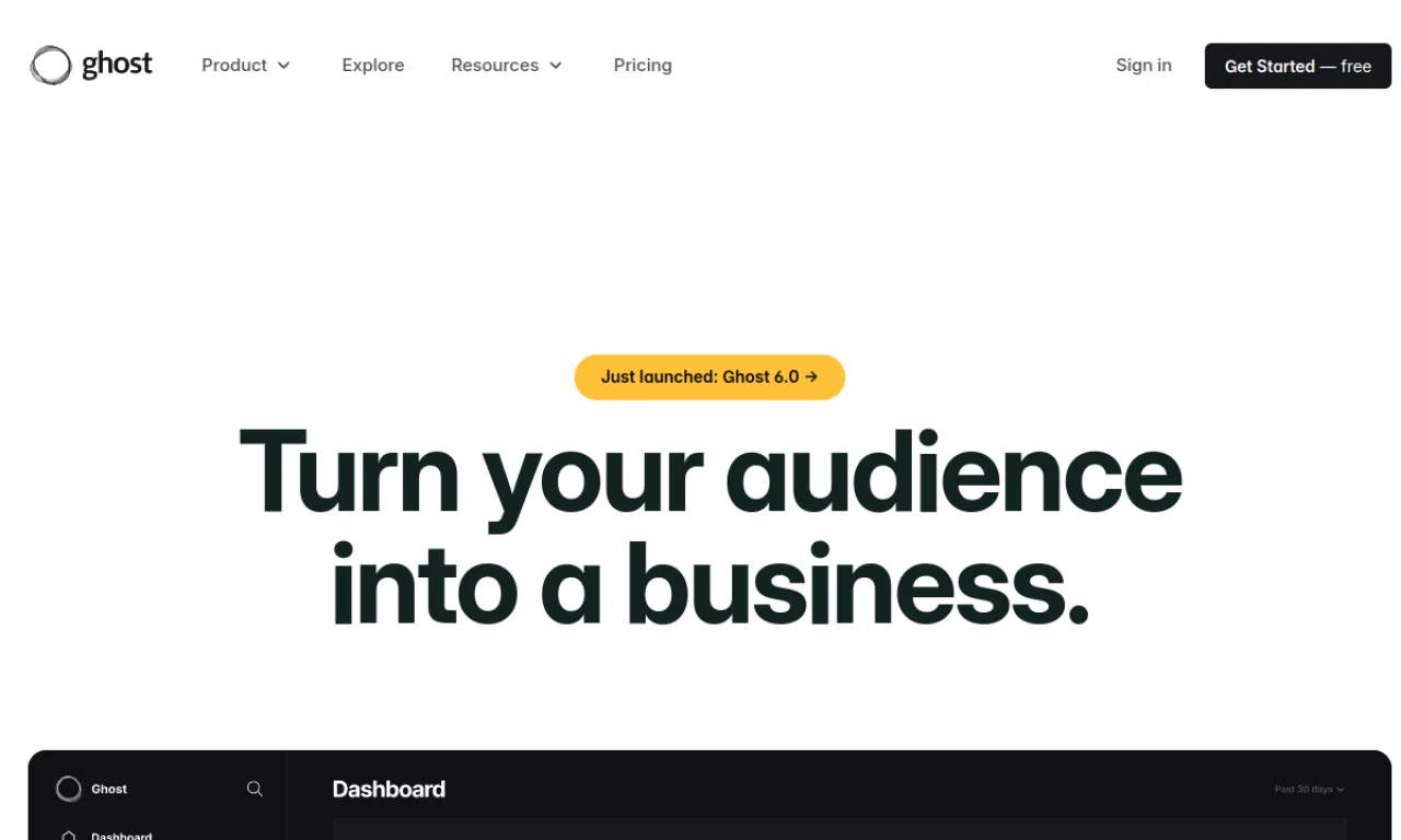 Screenshot of Ghost website