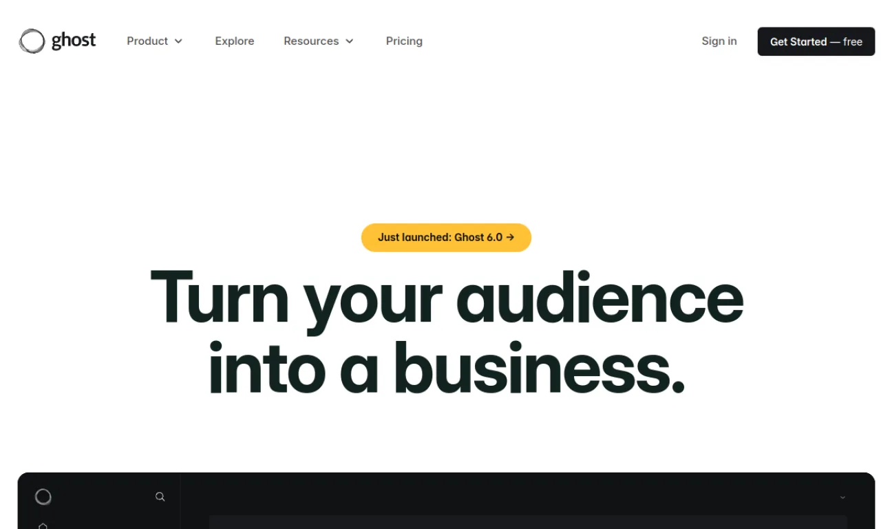 Screenshot of Ghost website