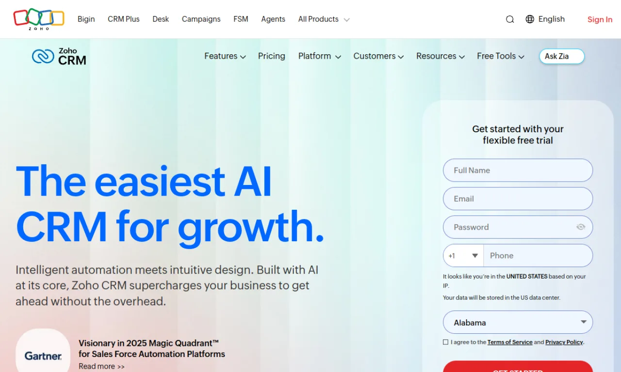 Screenshot of Zoho CRM website