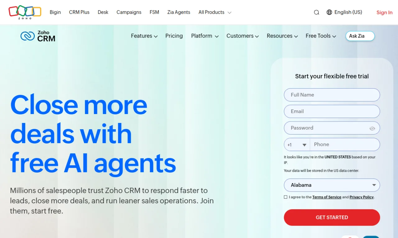 Screenshot of Zoho CRM website
