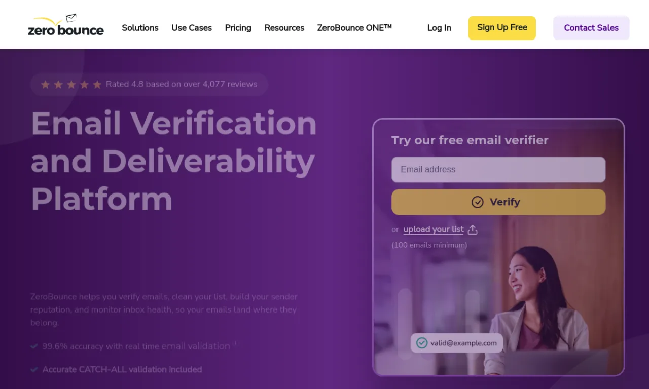 Screenshot of Zerobounce website