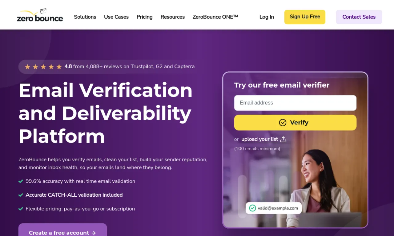 Screenshot of Zerobounce website