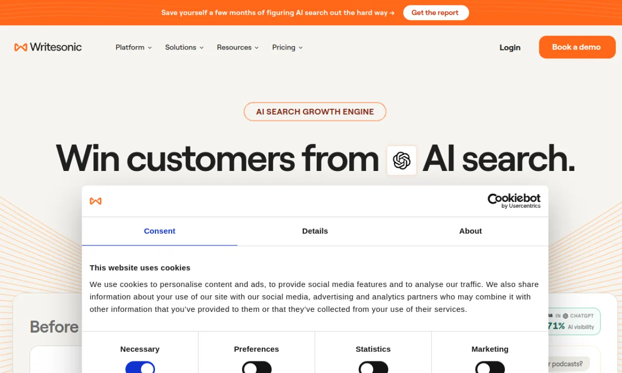 Screenshot of Writesonic GEO website