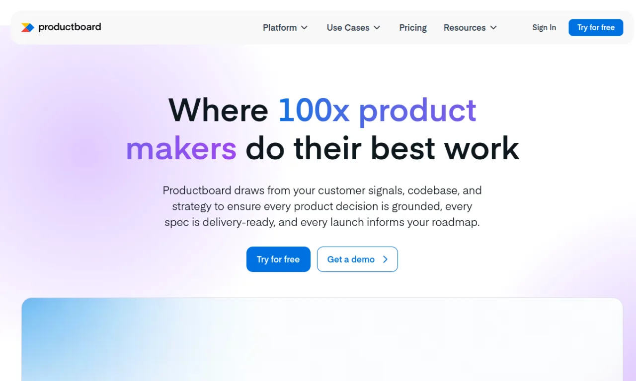 Screenshot of Productboard website