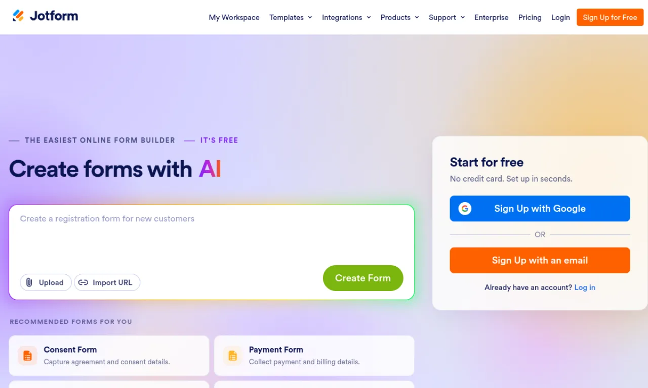 Screenshot of Jotform Apps / lead forms website