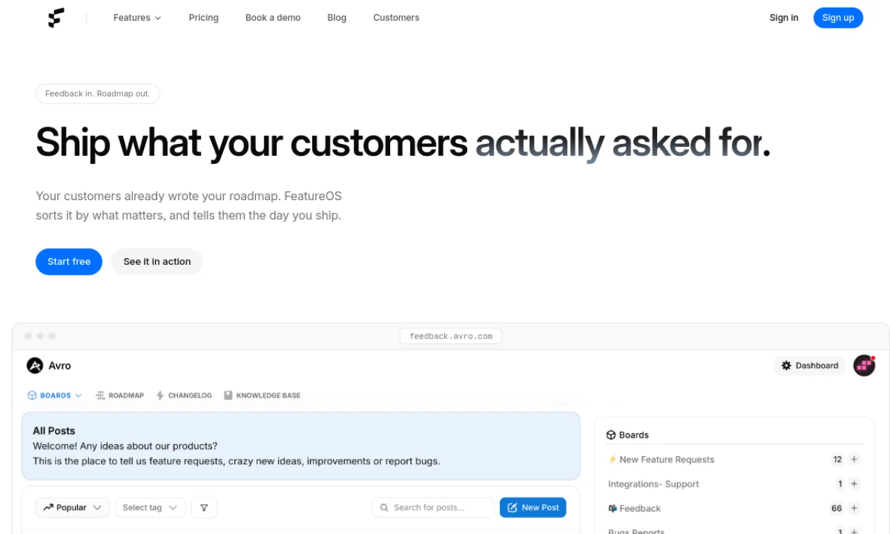 Screenshot of Hellonext / Featureos website