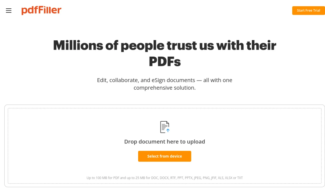 Screenshot of pdfFiller (airSlate) website