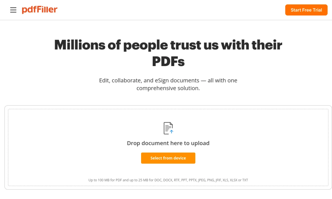 Screenshot of pdfFiller (airSlate) website