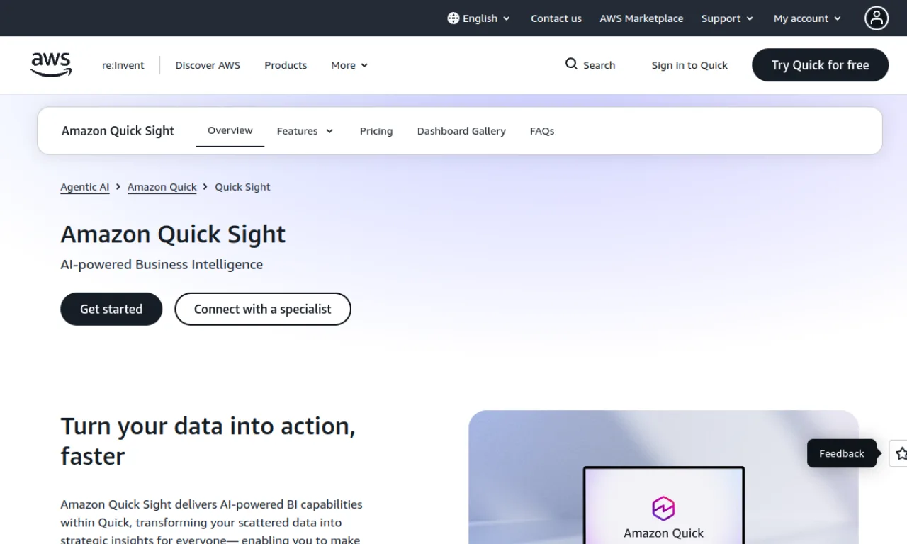 Screenshot of QuickSight website