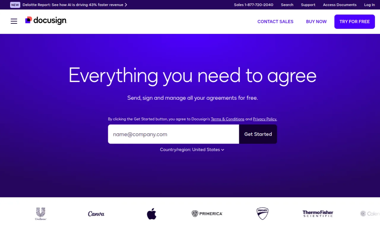 Screenshot of DocuSign website