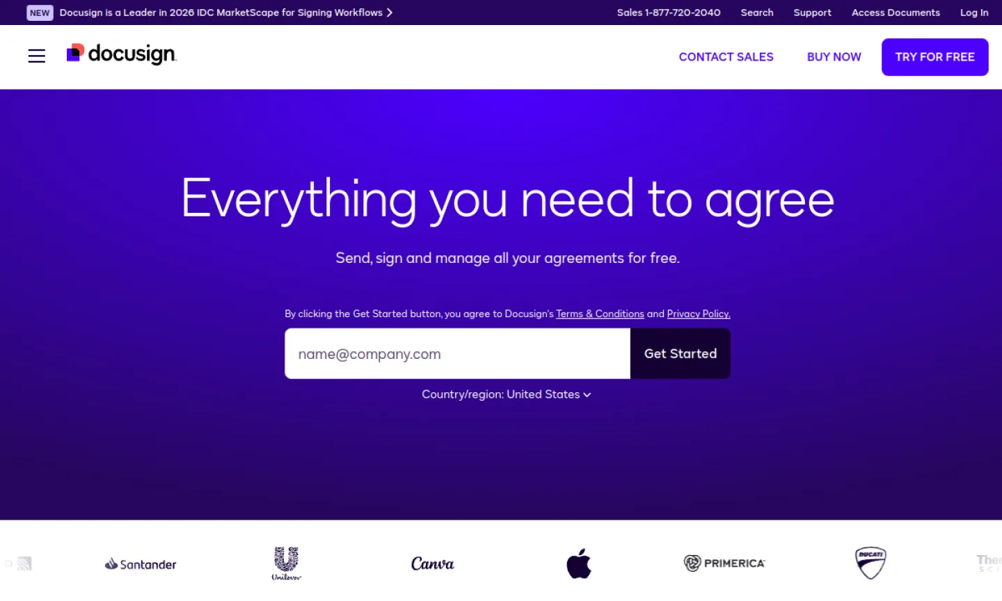 Screenshot of DocuSign website