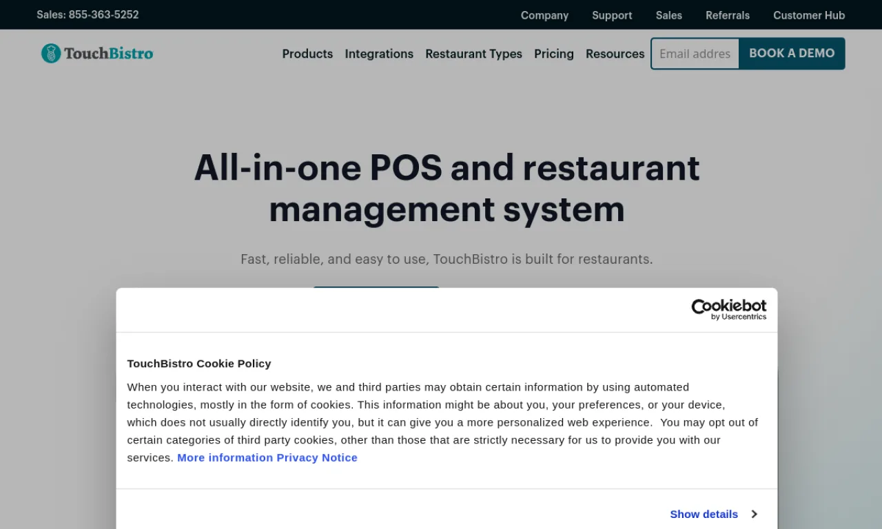 Screenshot of TouchBistro Marketing website