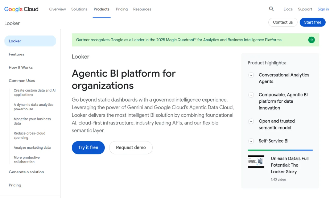Screenshot of Looker (Google Cloud) website