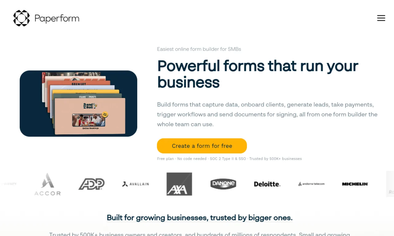 Screenshot of Paperform website