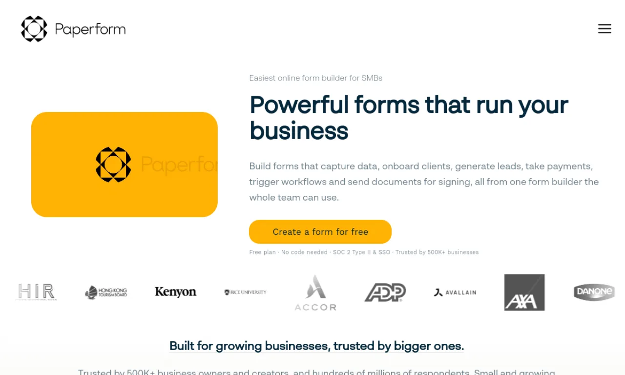 Screenshot of Paperform website