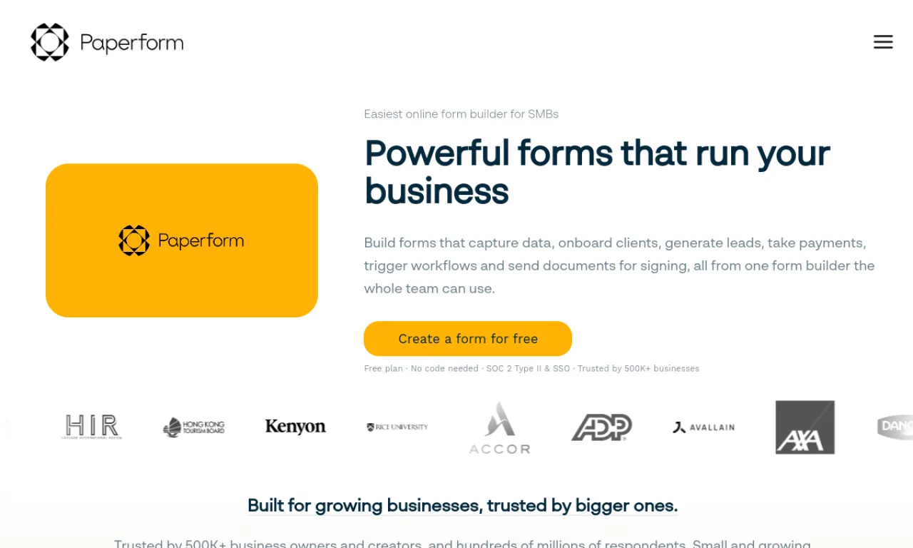 Screenshot of Paperform website