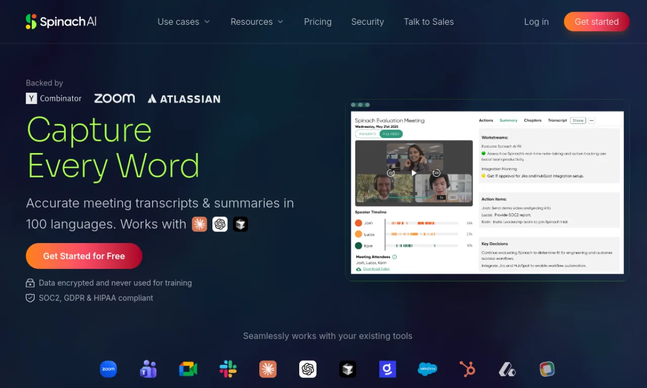 Screenshot of Spinach AI website