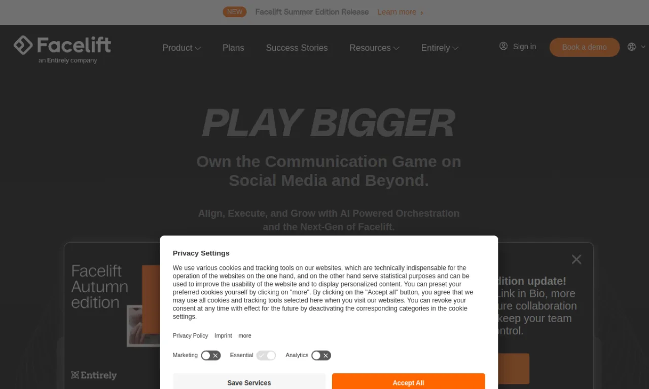 Screenshot of Quintly / Facelift website