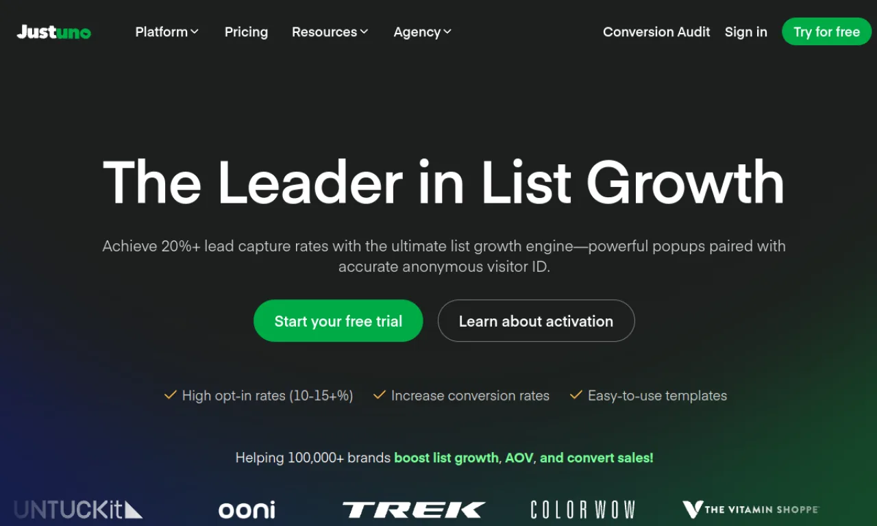 Screenshot of Justuno website