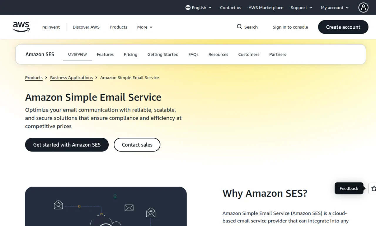 Screenshot of Amazon SES website